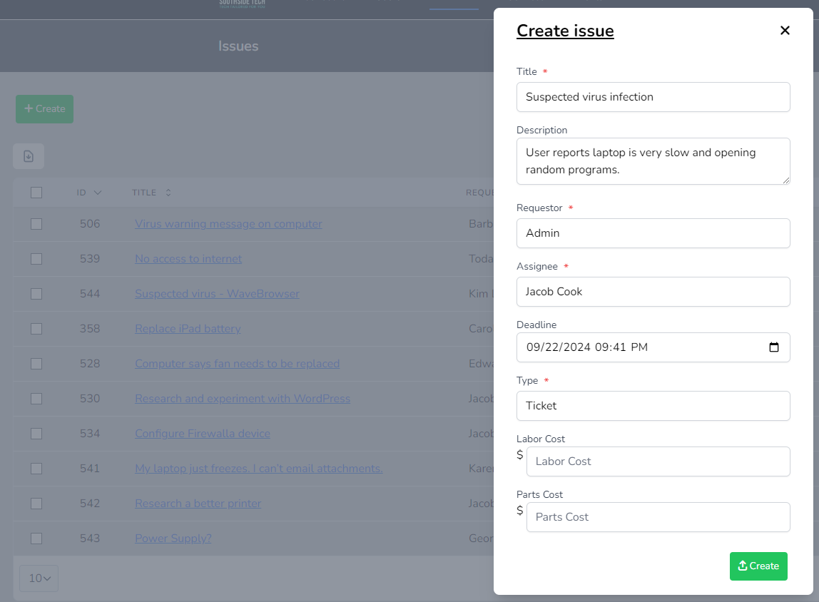 Create issue form