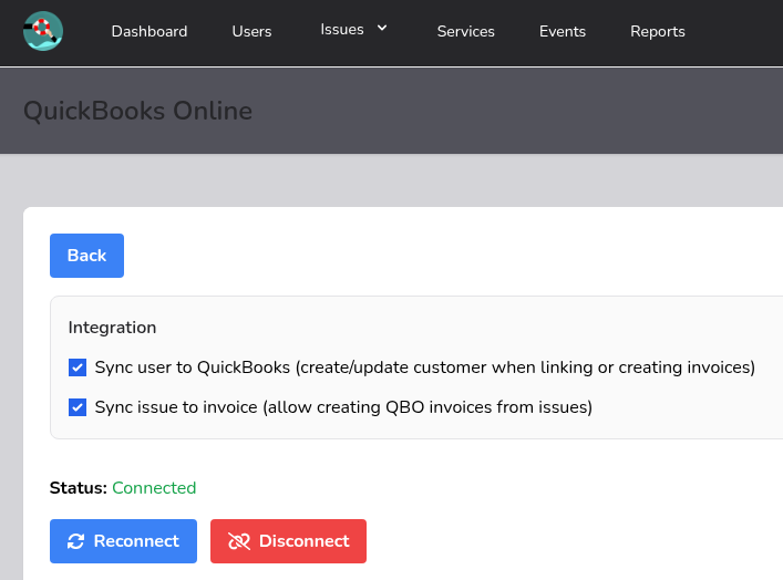 QBO settings: connect and enable user and issue sync
